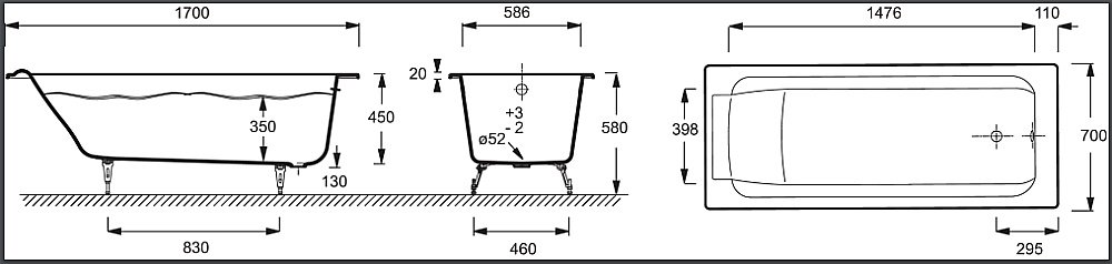 Ванна чугунная Jacob Delafon PARALLEL 170x70 без ручек купить в интернет-магазине Sanbest