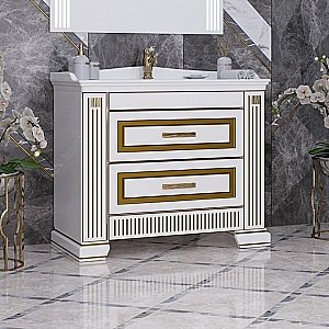 Тумба с раковиной Опадирис Оникс 100 белая глянцевая с золотой патиной для ванной в интернет-магазине Sanbest