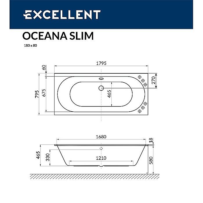 Ванна акриловая EXCELLENT Oceana Slim LINE WAEX.OCE18S.LINE.BR 180x80 белая с гидромассажем купить в интернет-магазине Sanbest