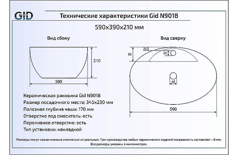Раковина накладная Gid Lago 59 N9018 51107 белая купить в интернет-магазине Sanbest