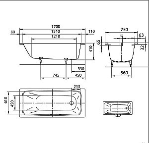 Ванна стальная Kaldewei Cayono 750 170х75 275000010001 белый купить в интернет-магазине Sanbest