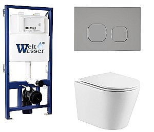 Унитаз подвесной WeltWasser BAMBERG 525+SALZBACH 043 GL-WT+BAMBERG CR белый глянцевый, безободковый, с крышкой микролифт, слив торнадо, с инсталляцией и кнопкой хром купить в интернет-магазине Sanbest