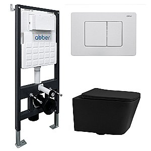 Унитаз подвесной Abber Rechteck AC1201MB-AC0105-AC0120MW черный матовый, безободковый, с инсталляцией, с крышкой микролифт, с белой матовой кнопкой купить в интернет-магазине Sanbest