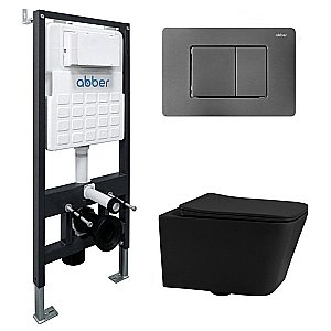 Унитаз подвесной Abber Rechteck AC1201MB-AC0105-AC0120NG черный матовый, безободковый, с инсталляцией, с крышкой микролифт, с кнопкой никель купить в интернет-магазине Sanbest