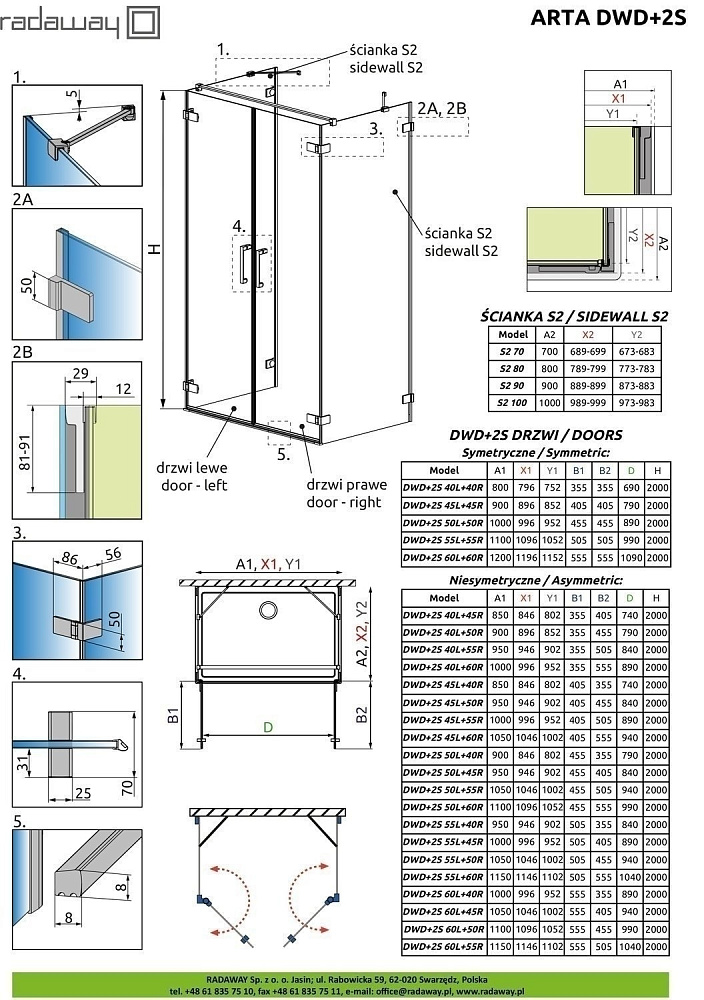 Душевой уголок Radaway Arta DWD+2S Door 45L+60R 105x80 купить в интернет-магазине Sanbest