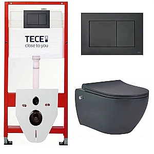 Унитаз подвесной beWash Bogen с инсталляцией TECE 9400414+88343670 безободковый, с форсункой биде, сиденьем микролифт, черный матовый/кнопка черная матовая купить в интернет-магазине Sanbest