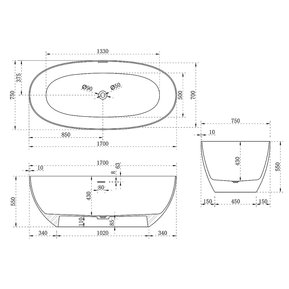 Ванна из искусственного камня Vincea VBT-6S01MW 170x75 белая матовая купить в интернет-магазине Sanbest