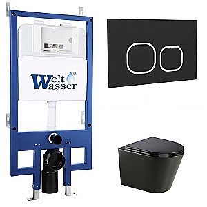 Унитаз с инсталляцией WeltWasser BAMBERG 545+SALZBACH 043 GL-BL+BAMBERG BL черный/кнопка черная, безободковый, с крышкой микролифт, слив торнадо купить в интернет-магазине Sanbest