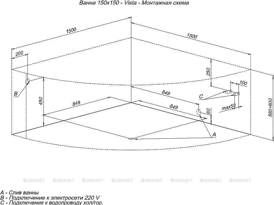Акриловая ванна Aquanet Vista 150x150 254389 с к/с купить в интернет-магазине Sanbest