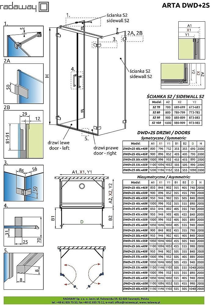 Душевой уголок Radaway Arta DWD+2S Door 60L+40R 100x90 стекло прозрачное/профиль хром купить в интернет-магазине Sanbest