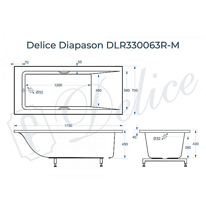 Ванна Delice Diapason DLR330063R-M 175х70 белая матовая/ручки хром купить в интернет-магазине Sanbest