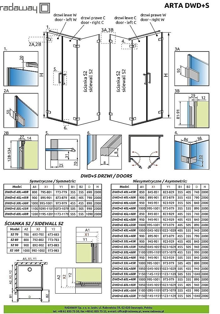 Душевой уголок Radaway Arta DWD+S Door W60+С55 115x70 стекло прозрачное/профиль хром купить в интернет-магазине Sanbest