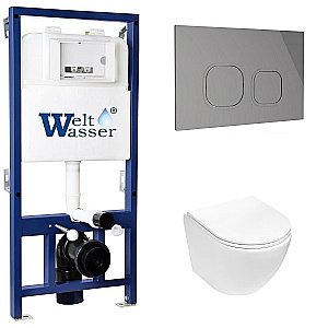 Унитаз с инсталляцией WeltWasser BAMBERG 525+MERZBACH 043 MT-WT+BAMBERG CR белый матовый/кнопка хром, безободковый, с крышкой микролифт, слив торнадо купить в интернет-магазине Sanbest
