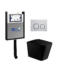 Комплект унитаза WeltWasser AMBERG 404 + GELBACH 002 MT-BL + AMBERG RD-WT черный матовый, безободковый, с крышкой микролифт, с бачком скрытого монтажа и белой кнопкой купить в интернет-магазине Sanbest