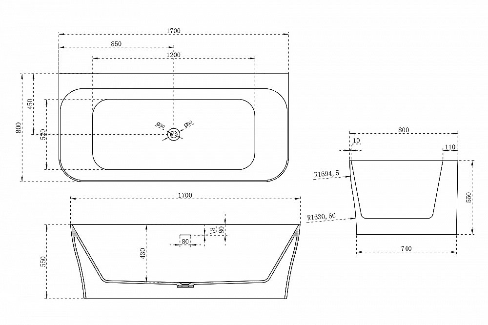 Ванна из искусственного камня ABBER Stein AS9616 170х80 белая матовая купить в интернет-магазине Sanbest
