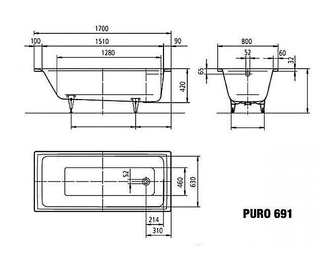 Ванна стальная Kaldewei Puro 691 170x80 259100010001 белый купить в интернет-магазине Sanbest