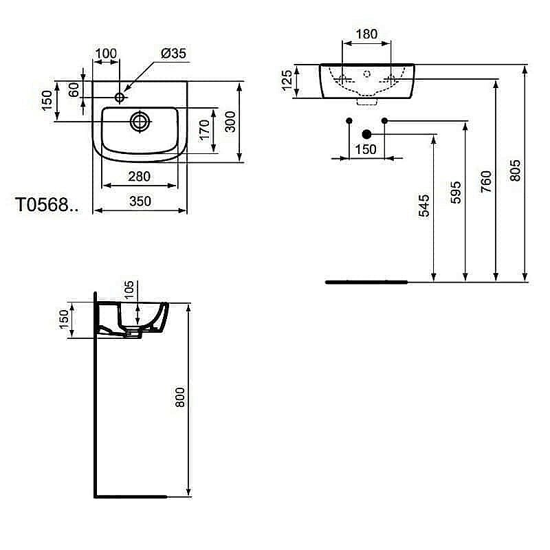 Раковина подвесная Ideal Standard Tempo 35 T056801 белая купить в интернет-магазине Sanbest