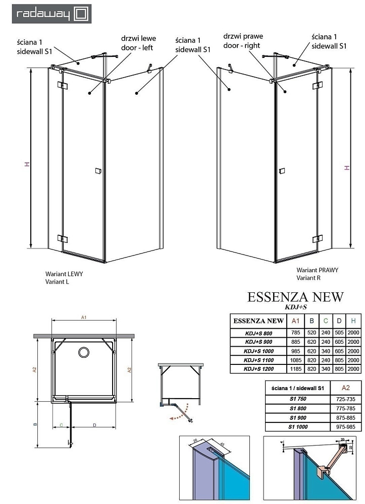 Душевой уголок Radaway Essenza New KDJ+S 90х90 купить в интернет-магазине Sanbest