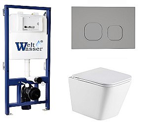 Унитаз подвесной WeltWasser BAMBERG 525+GELBACH 043 GL-WT+BAMBERG CR белый глянцевый, безободковый, с крышкой микролифт, слив-торнадо, с инсталляцией и кнопкой  хром купить в интернет-магазине Sanbest