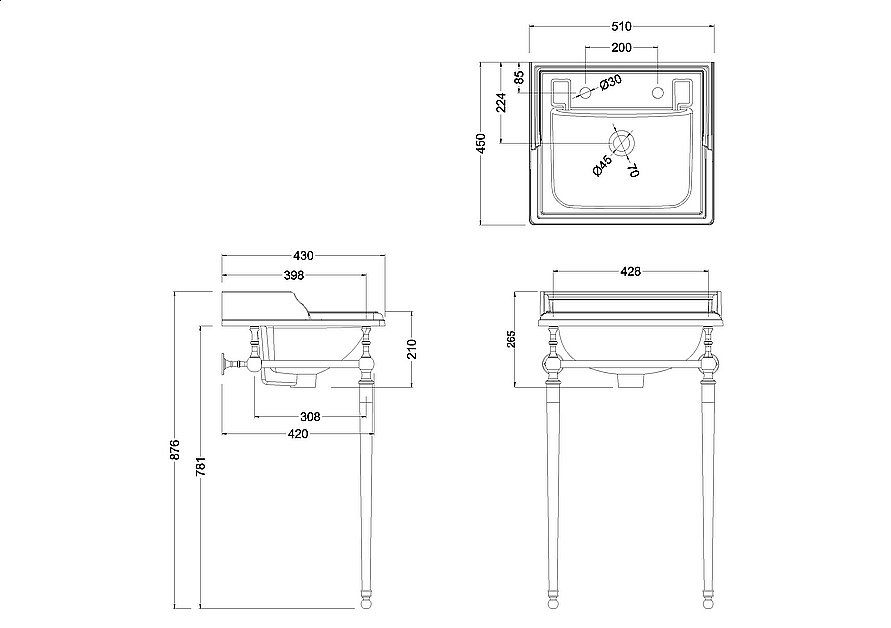 Консоль с раковиной Burlington Classic B20 3TH золото для ванной в интернет-магазине сантехники Sanbest