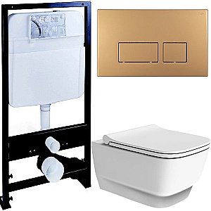 Унитаз Boheme Bello 971-MW с инсталяцией и кнопкой 664-G белый матовый/золото, безободковый купить в интернет-магазине Sanbest