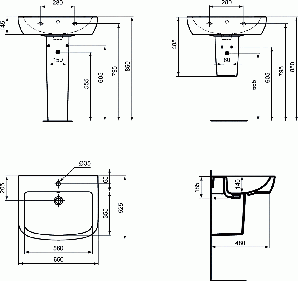 Раковина на полупьедестале Ideal Standard Tempo 65 T056301 белая купить в интернет-магазине Sanbest