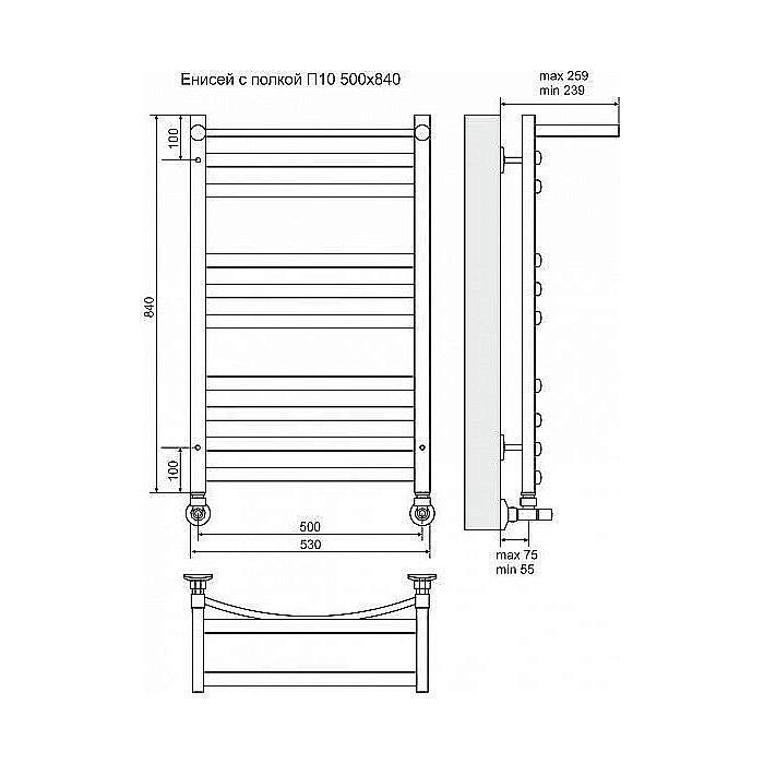 Полотенцесушитель водяной Terminus Енисей П10 500x840 с полкой купить в интернет-магазине сантехники Sanbest