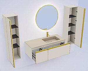 Тумба с раковиной Armadi Art QUATRO 2 140 CASHMERE/профиль MATT GOLD/раковина DAPHNE для ванной в интернет-магазине Sanbest