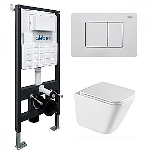 Унитаз подвесной ABBER Rechteck AC1219TC-AC0105-AC0120MW белый/кнопка белая матовая, с крышкой микролифт, с инсталляцией, безободковый, слив-торнадо купить в интернет-магазине Sanbest
