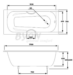 Ванна чугунная BYON B15 170x75 с ручками купить в интернет-магазине Sanbest