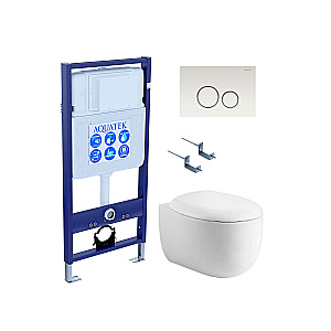 Унитаз подвесной Aquatek АЛЬТАИР AQ1980-00+INS-0000012+KDI-0000015+KKI-0000002 белый, безободковый, с крышкой микролифт, с инсталляцией и белой глянцевой кнопкой купить в интернет-магазине Sanbest