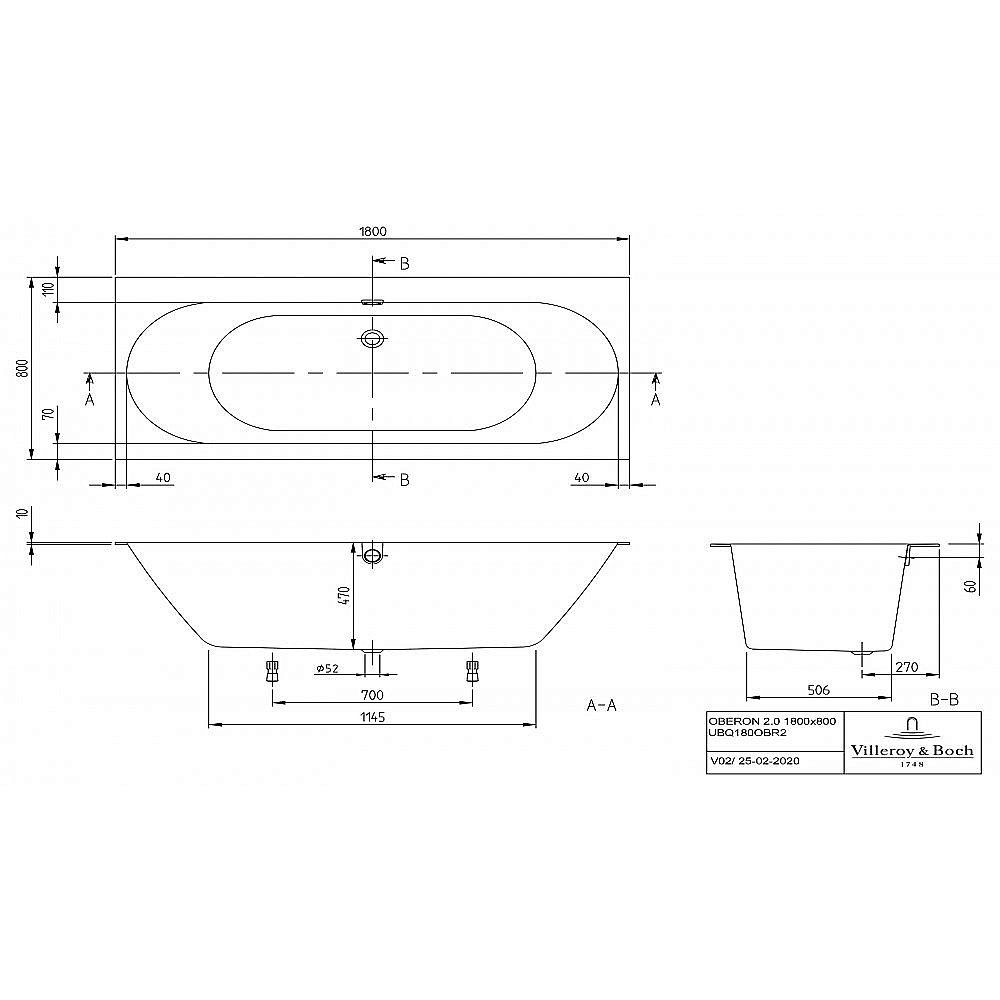 Ванна Villeroy&Boch Oberon 2.0 UBQ180OBR2DV-01 180x80 альпийский белый купить в интернет-магазине Sanbest