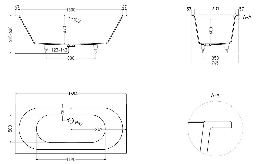 Ванна Salini Ornella AXIS S-Stone 103423MRH 170x75 белая/внутри RAL матовая купить в интернет-магазине Sanbest