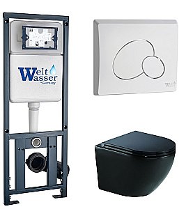 Унитаз подвесной WeltWasser MARBERG 410+MERZBACH 041 XL MT-BL+MAR 410 RD GL-WT черный матовый, безободковый, с крышкой микролифт, слив-торнадо, с инсталляцией и белой глянцевой кнопкой купить в интернет-магазине Sanbest