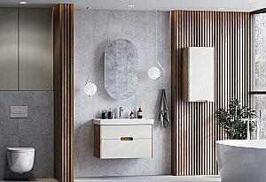 Тумба с раковиной Акватон Оливия 80 бежевая/дуб веллингтон для ванной в интернет-магазине Sanbest