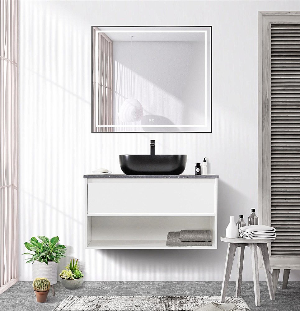 Зеркало BelBagno Kraft 90х80 SPC-KRAFT-TCH-WARM-NERO черное матовое в ванную от интернет-магазине сантехники Sanbest