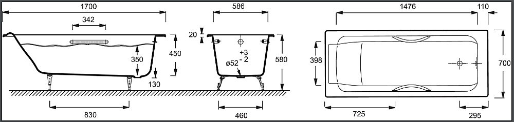 Ванна Jacob Delafon PARALLEL 170x70 с ручками купить в интернет-магазине Sanbest