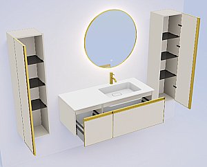 Тумба с раковиной Armadi Art QUATRO 2 140 CASHMERE/профиль MATT GOLD/раковина белая L-R для ванной в интернет-магазине Sanbest