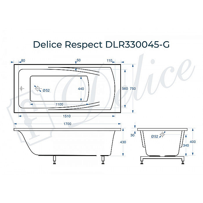 Ванна Delice Respect DLR330045-G 170х75 белая купить в интернет-магазине Sanbest