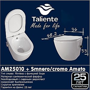 Унитаз подвесной Taliente Amato AM25010+Smnero безободковый, функция биде, с крышкой микролифт, белый купить в интернет-магазине Sanbest