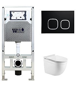 Унитаз подвесной WeltWasser AMBERG 506 ST + HEIMBACH 043 GL-WT + AMBERG RD-BL белый глянцевый, безободковый, с крышкой микролифт, слив-торнадо, с инсталляцией и черной кнопкой купить в интернет-магазине Sanbest