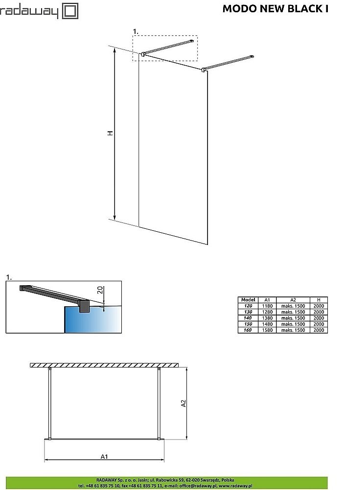 Душевое ограждение Radaway Modo New Black I 160 купить в интернет-магазине Sanbest