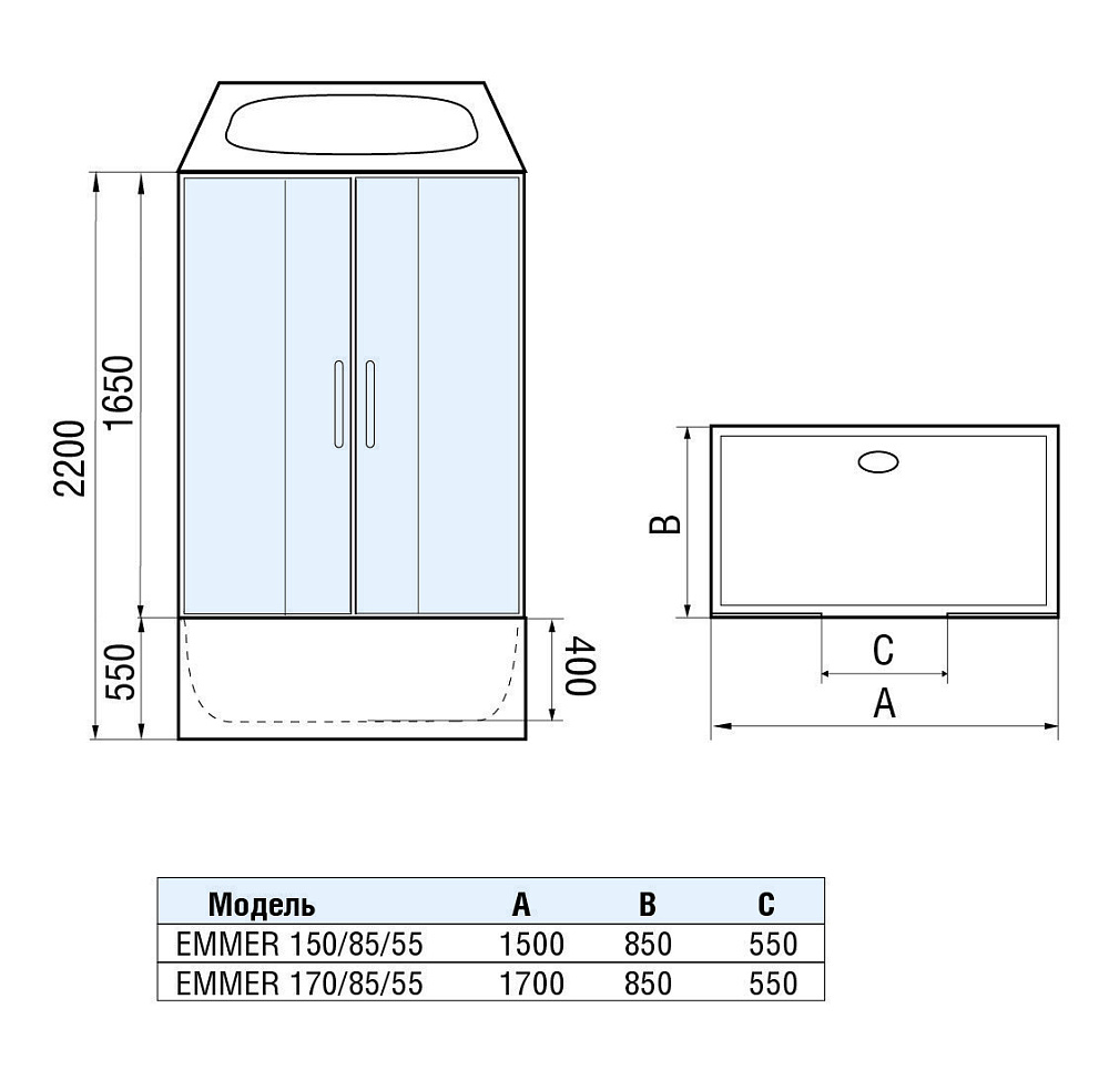 Душевой бокс WeltWasser WW500 EMMER 55-2 170х85 купить в интернет-магазине Sanbest