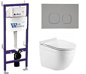 Унитаз подвесной WeltWasser BAMBERG 460+HEIMBACH 043 GL-WT+BAMBERG CR белый глянцевый, безободковый, с крышкой микролифт, слив-торнадо, с инсталляцией и кнопкой хром купить в интернет-магазине Sanbest