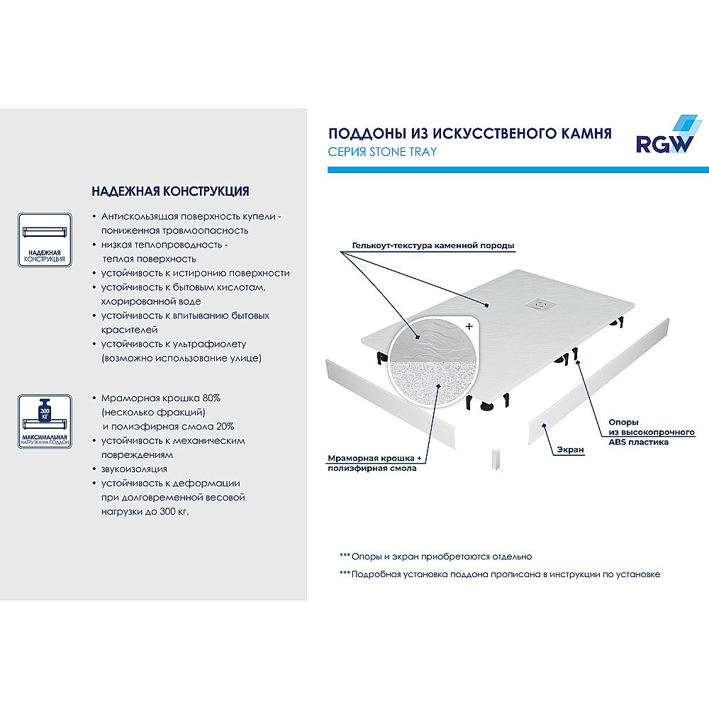 Душевой поддон RGW ST/R-W Stone Tray 16153100-01 100x100 белый купить в интернет-магазине Sanbest