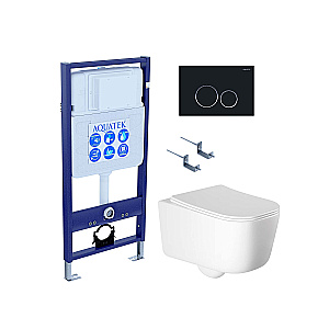 Унитаз подвесной Aquatek ЛУГАНО AQ2002-00+INS-0000012+KDI-0000020+KKI-0000002 белый, безободковый, с крышкой микролифт, с инсталляцией и черной матовой кнопкой купить в интернет-магазине Sanbest