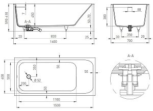 Ванна S-Sense Salini ORLANDO 102115G 160x70 Глянцевая купить в интернет-магазине Sanbest