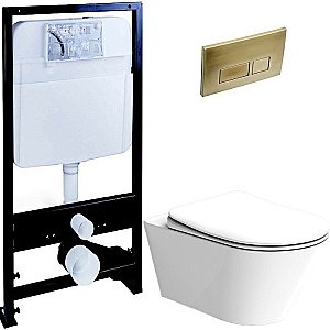 Унитаз Boheme Avva 972-W с инсталяцией и кнопкой 664-MG белый глянцевый/матовое золото, безободковый купить в интернет-магазине Sanbest