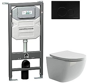 Унитаз подвесной Ceramica Nova Forma CN3009_1001B_1000 безободковый, с крышкой микролифт, с инсталляцией и черной матовой кнопкой купить в интернет-магазине Sanbest