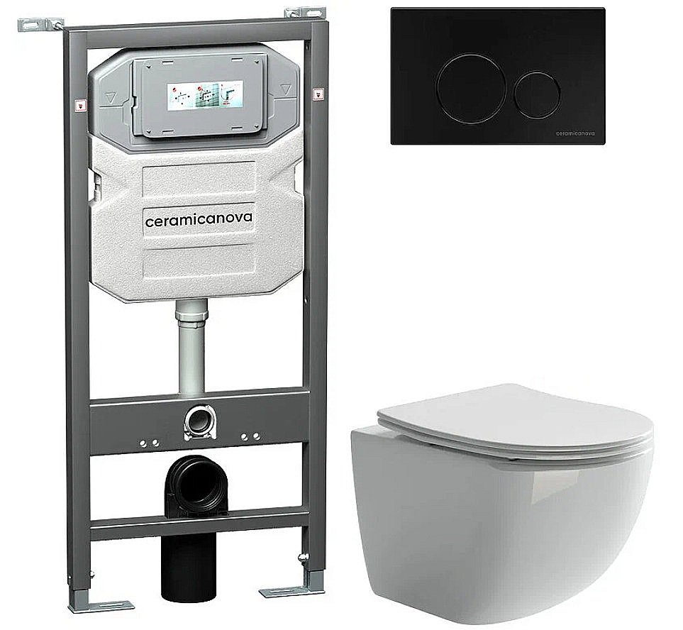 Унитаз подвесной Ceramica Nova Forma CN3009_1001B_1000 безободковый, с крышкой микролифт, с инсталляцией и черной матовой кнопкой купить в интернет-магазине Sanbest